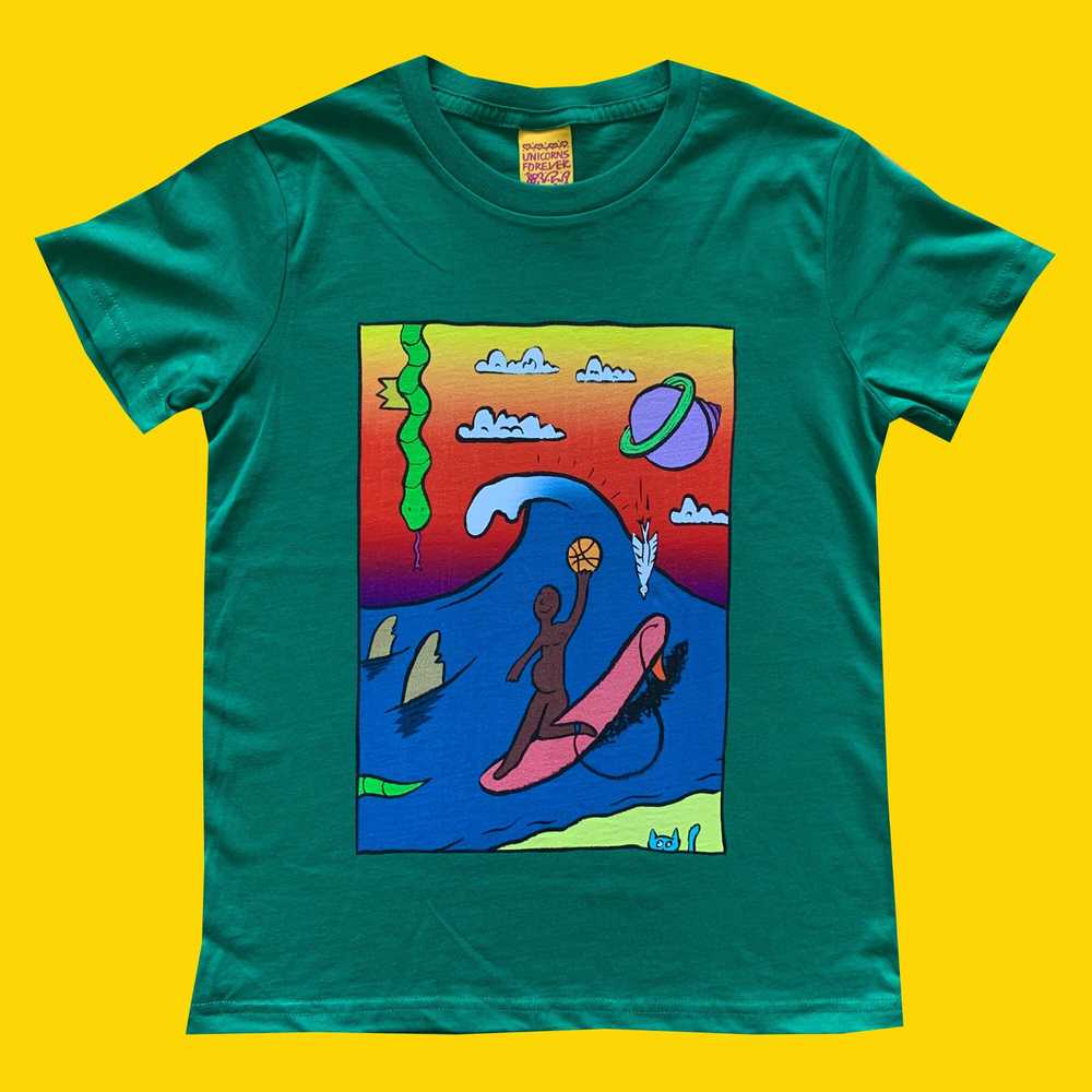 Colourful Illustration Kids T-shirt Universe Surfing Green